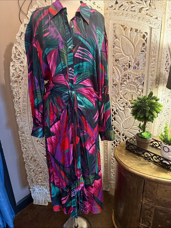 FARM Rio Dresses & Skirts - FARM Rio Multicolor Tropical-Leaf Button-Front Long Sleeve Midi Dress